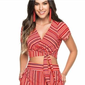 Phax Swimwear NWT Large striped v-neck front tie short sleeve swim cover Up